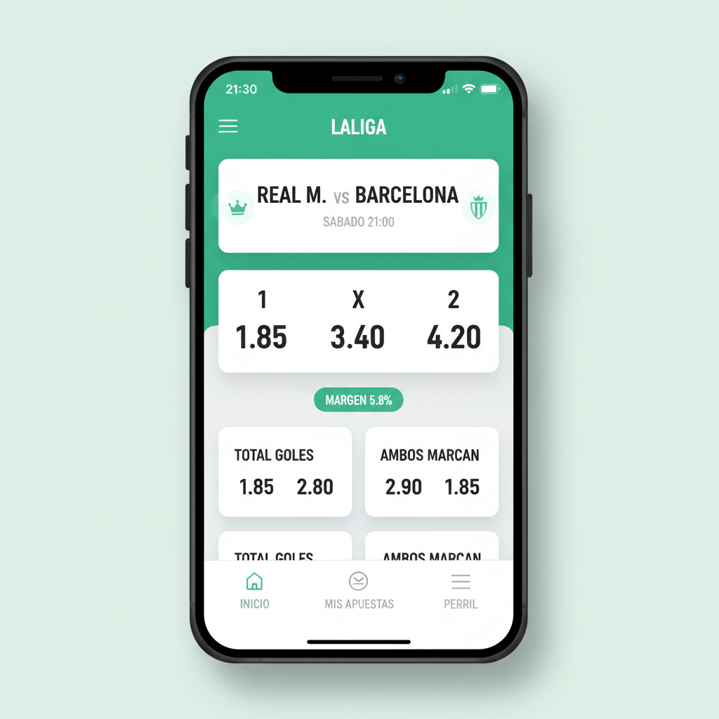 Pantalla de cuotas 1X2 en una casa de apuestas de LaLiga con margen 5.8%