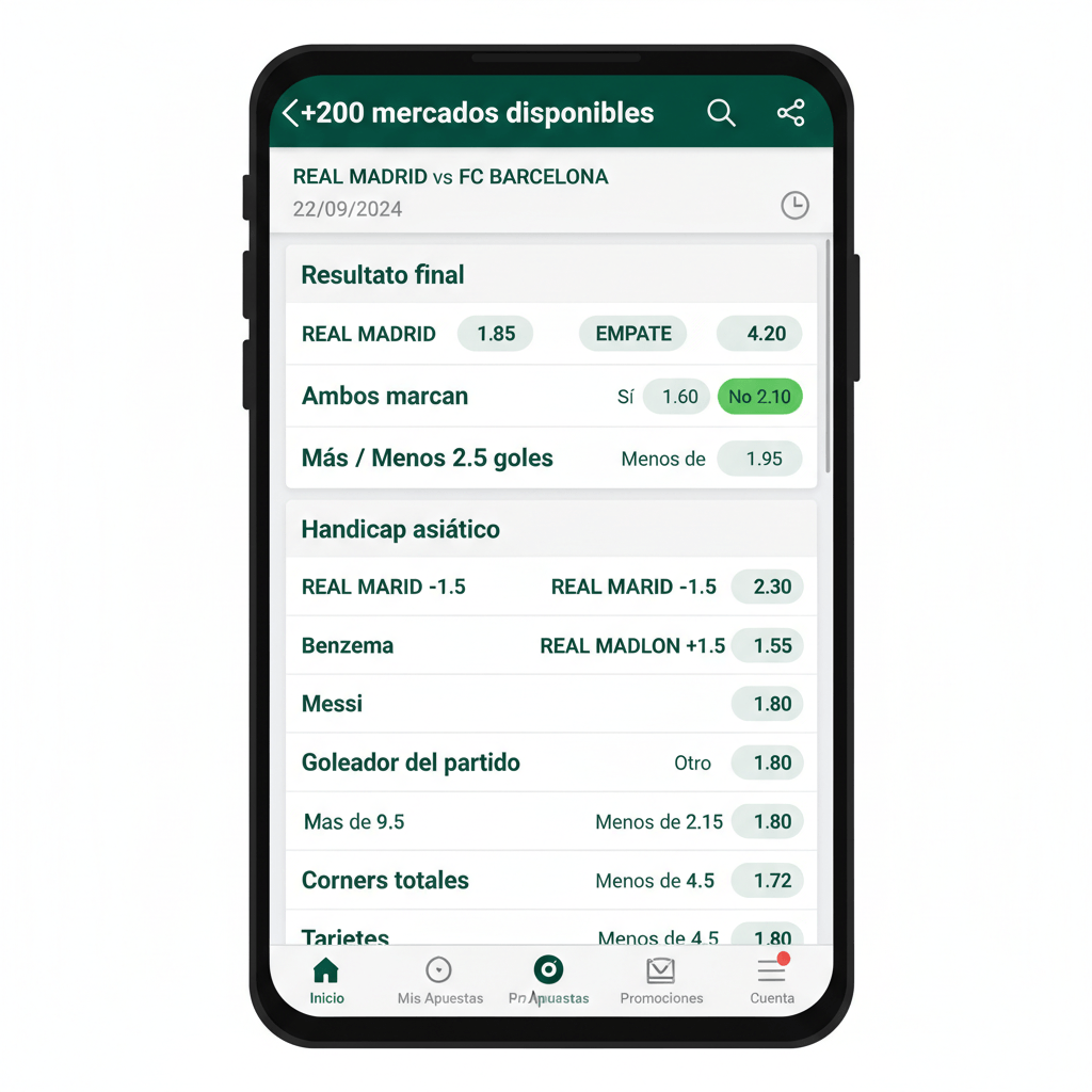 Lista de mercados de apuestas disponibles para un partido de LaLiga