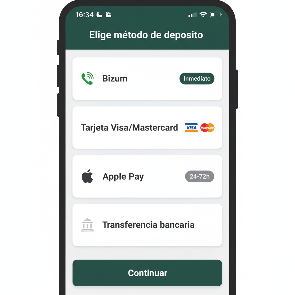 Pantalla de métodos de pago instantáneos en una casa de apuestas DGOJ