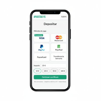 Pantalla de depósito con Bizum y métodos de pago en una casa de apuestas de fútbol